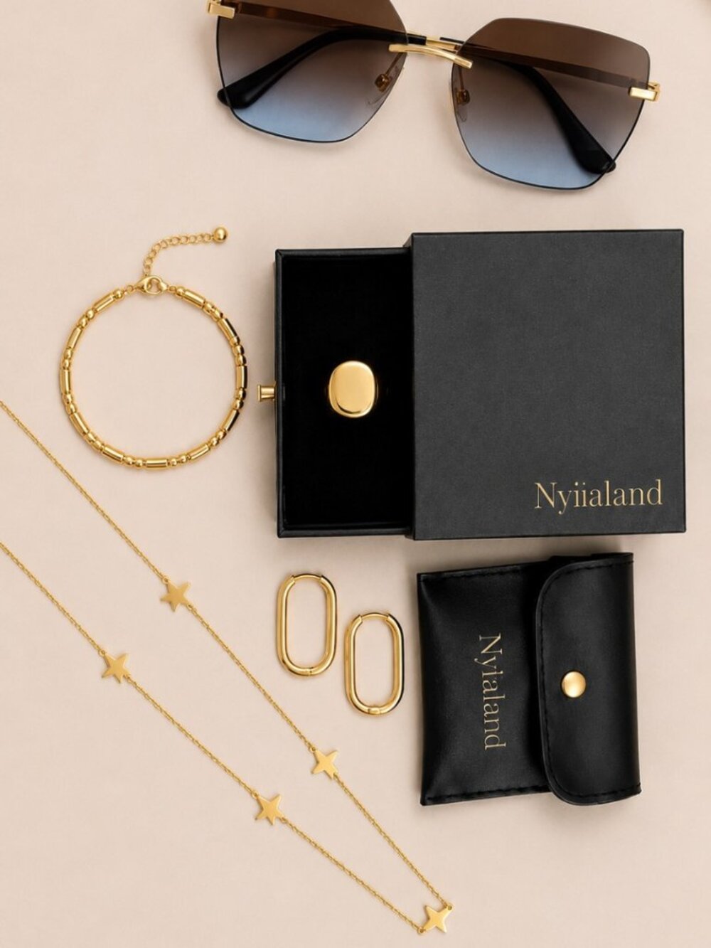 Nylialand Chic Minimalist Gold & Black Accessory Bundle with Box & Pouch